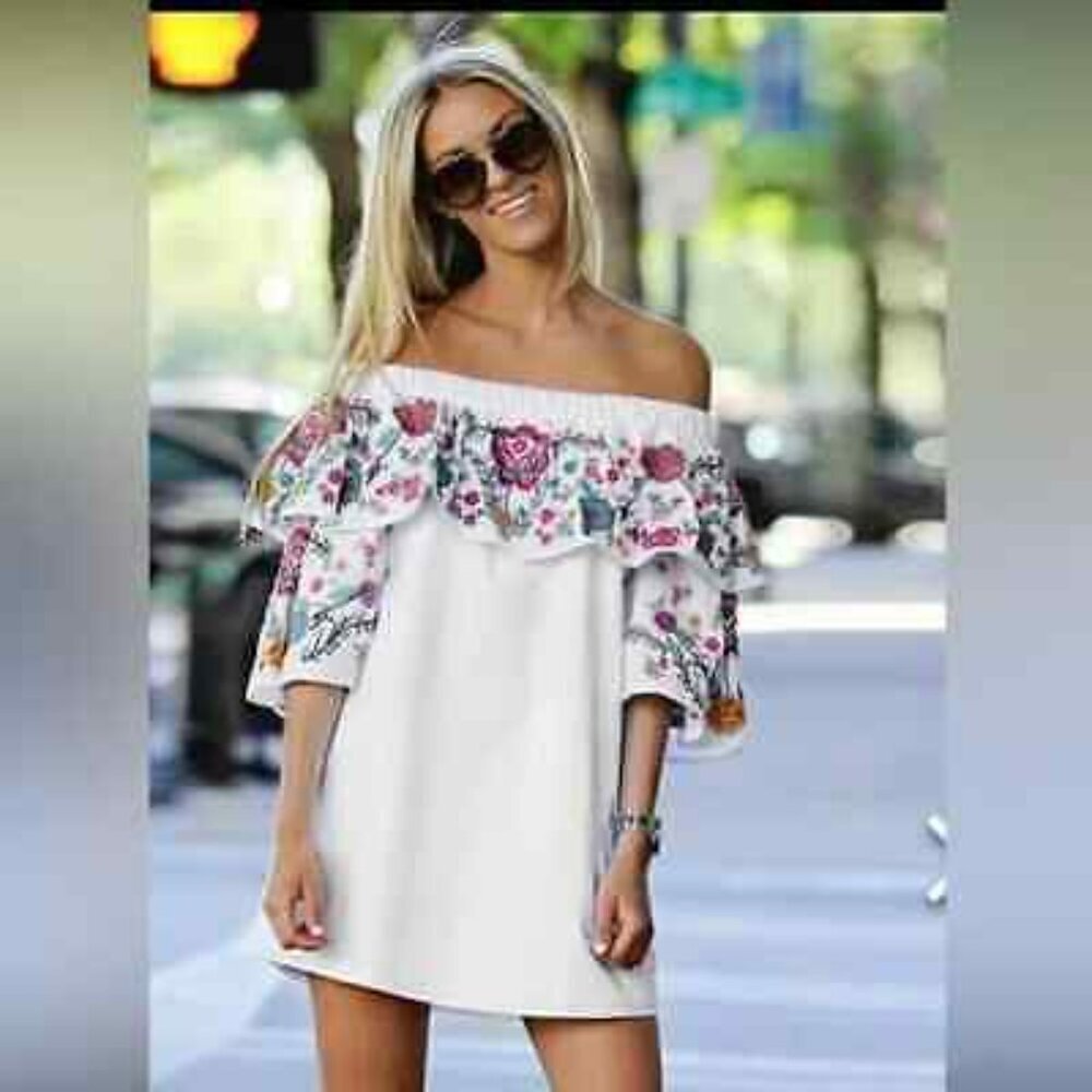 Parker Cathy White Cotton Embroidered Dress Lined Off Shoulder 3/4 Sleeves